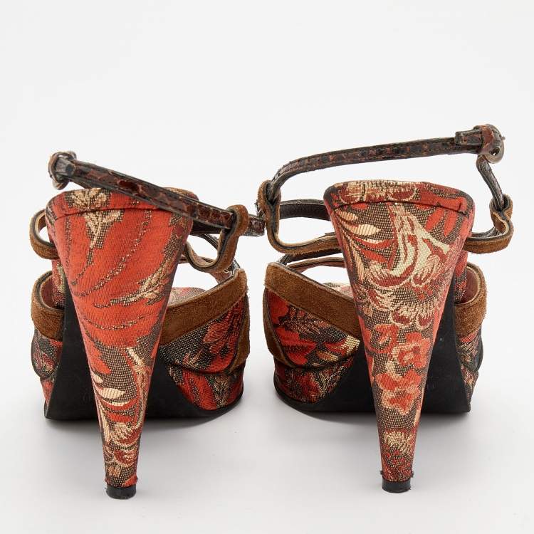 Pre Owned Miu Miu Multicolor Brocade And Python Strappy Slingback Sandals Size 39.5