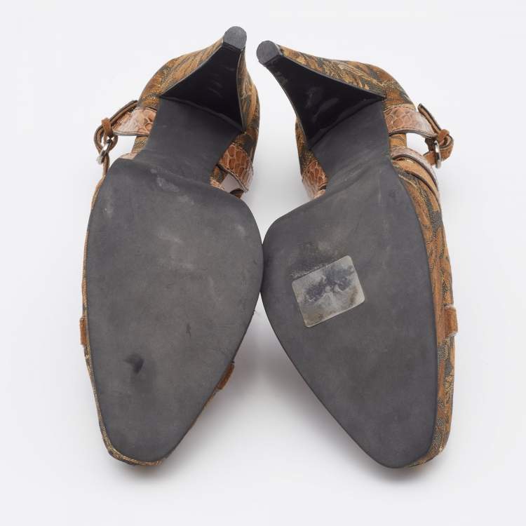 Pre Owned Miu Miu Brown/Gold Brocade Fabric And Python Trim D'orsay Ankle Strap Pumps Size 40