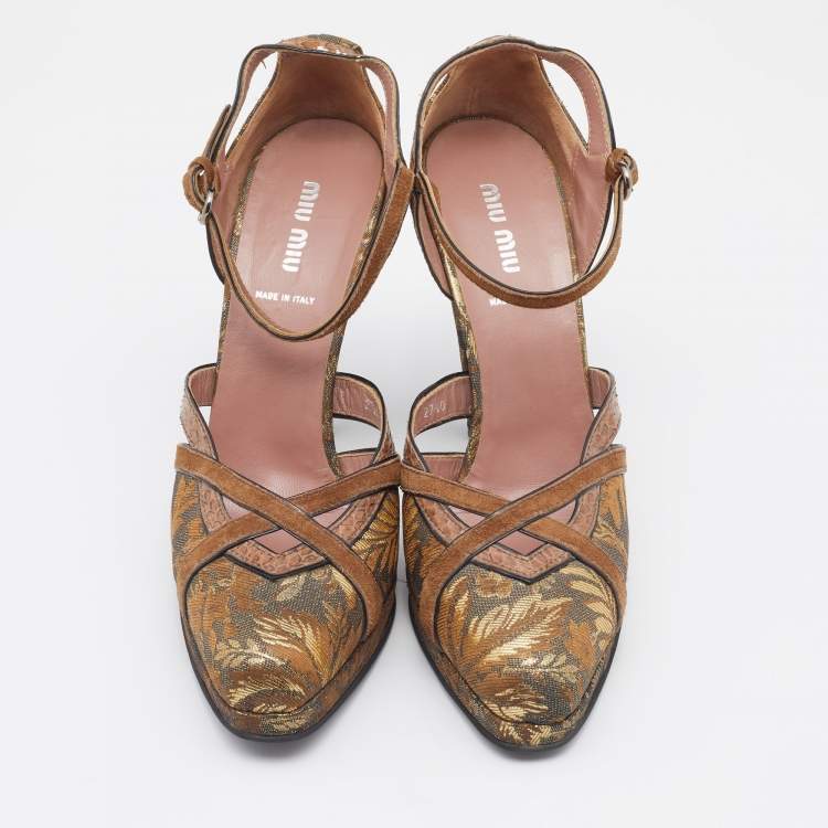 Pre Owned Miu Miu Brown/Gold Brocade Fabric And Python Trim D'orsay Ankle Strap Pumps Size 40