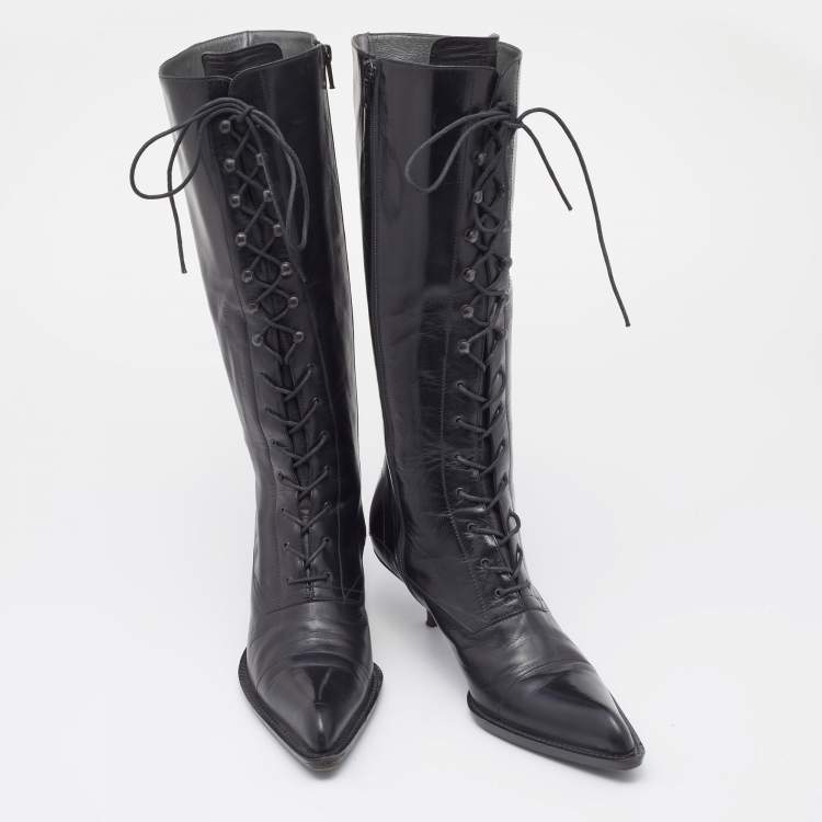 Pre Owned Miu Miu Black Leather Lace Up Knee Length Boots Size 40