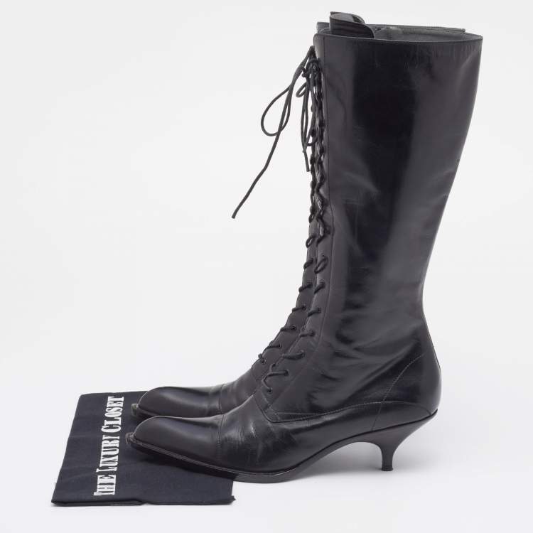 Pre Owned Miu Miu Black Leather Lace Up Knee Length Boots Size 40
