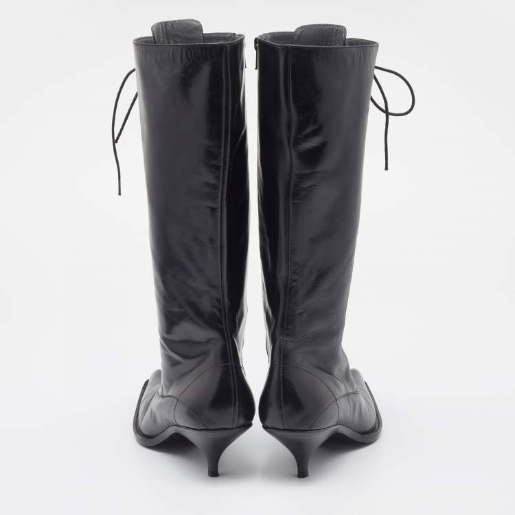 Pre Owned Miu Miu Black Leather Lace Up Knee Length Boots Size 40