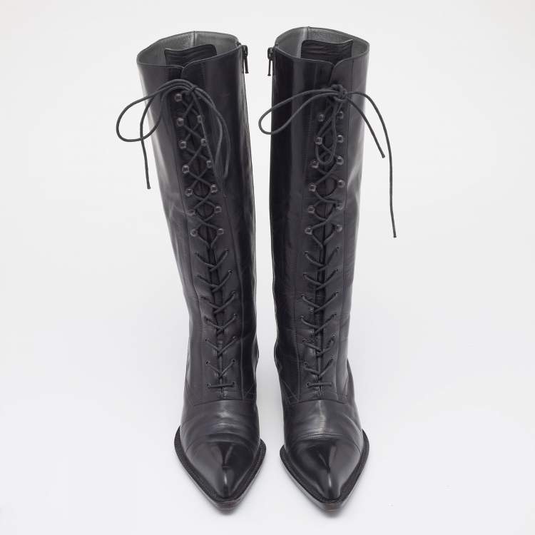 Pre Owned Miu Miu Black Leather Lace Up Knee Length Boots Size 40