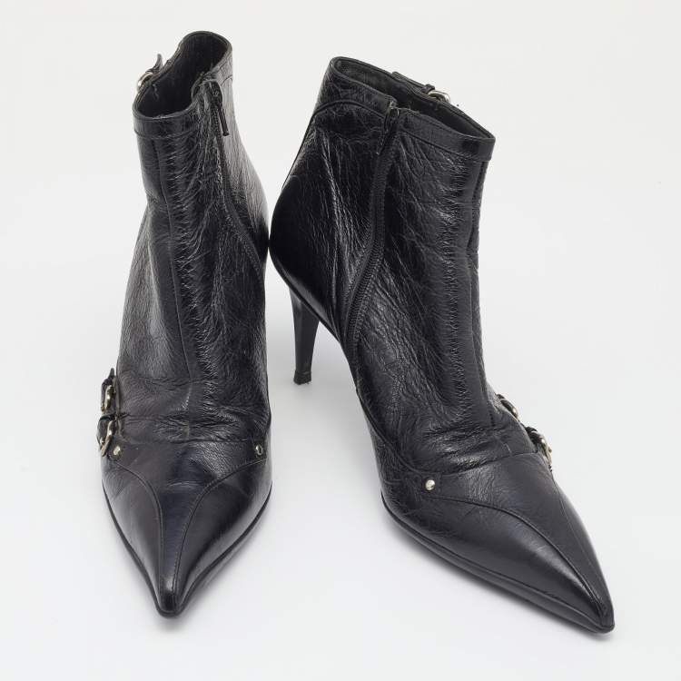 Pre Owned Miu Miu Black Crinkled Leather Pointed Toe Ankle Boots Size 41