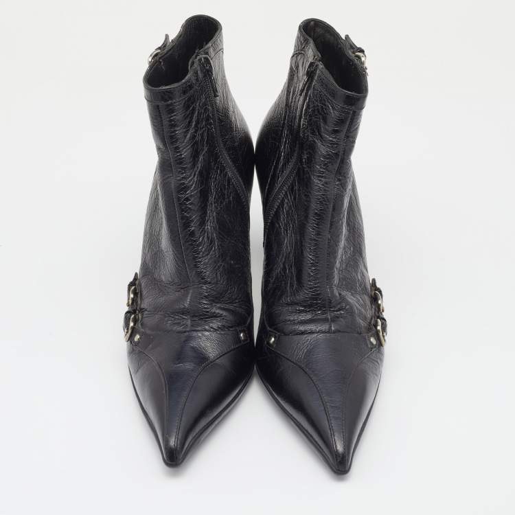 Pre Owned Miu Miu Black Crinkled Leather Pointed Toe Ankle Boots Size 41