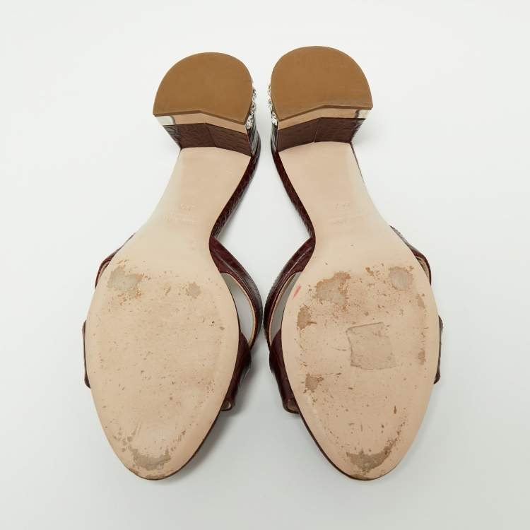 Pre Owned Miu Miu Burgundy Croc Embossed Leather Crystal Embellished Heel Slide Sandals Size 39.5
