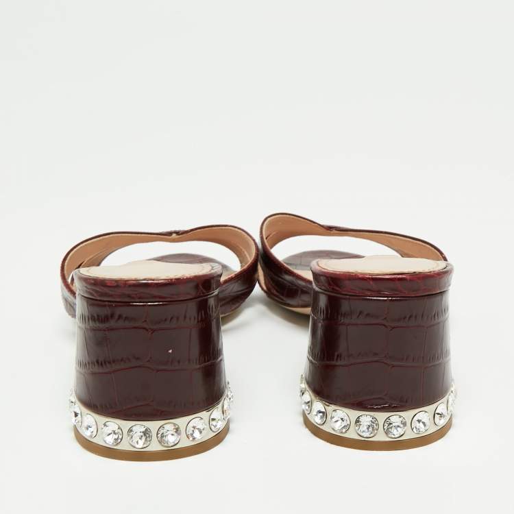 Pre Owned Miu Miu Burgundy Croc Embossed Leather Crystal Embellished Heel Slide Sandals Size 39.5