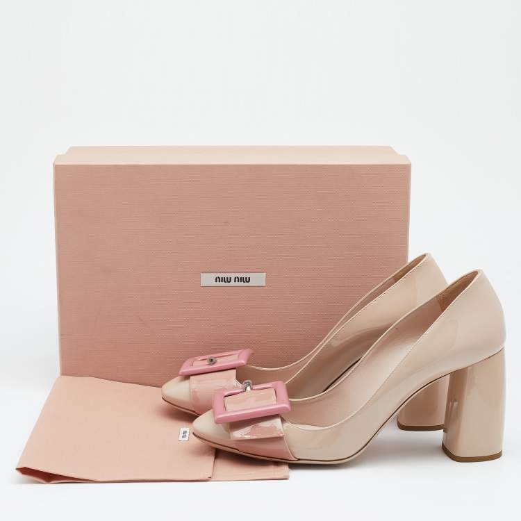Pre Owned Miu Miu Tri-Color Patent Leather Buckle Detail Block Heel Pumps Size 39