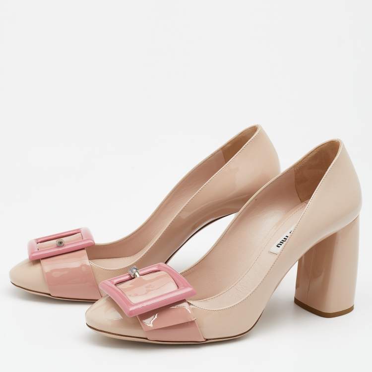 Pre Owned Miu Miu Tri-Color Patent Leather Buckle Detail Block Heel Pumps Size 39