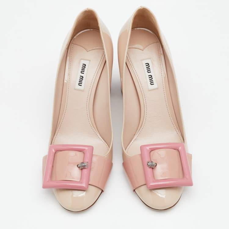 Pre Owned Miu Miu Tri-Color Patent Leather Buckle Detail Block Heel Pumps Size 39