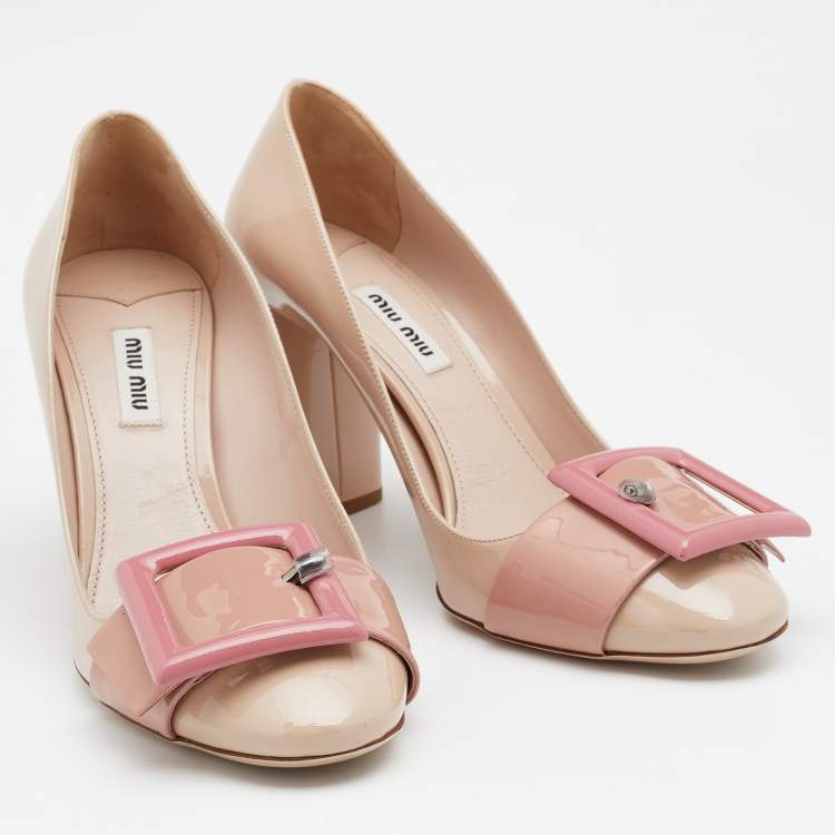 Pre Owned Miu Miu Tri-Color Patent Leather Buckle Detail Block Heel Pumps Size 39