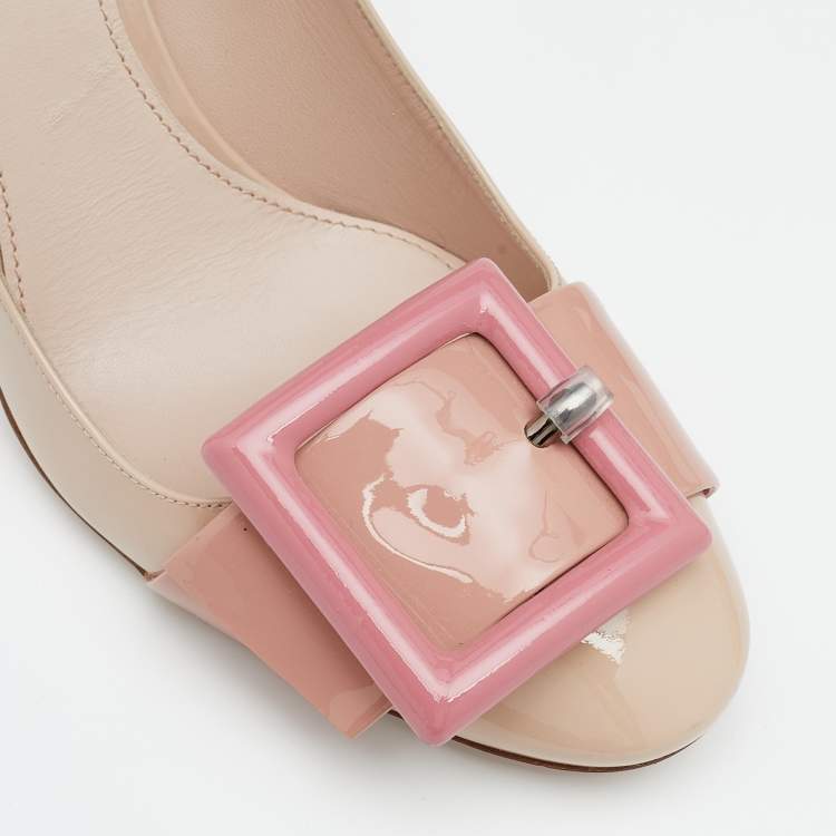 Pre Owned Miu Miu Tri-Color Patent Leather Buckle Detail Block Heel Pumps Size 39