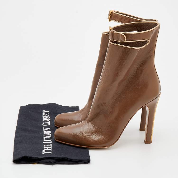 Pre Owned Miu Miu Brown Leather Buckle Detail Ankle Length Boots Size 38