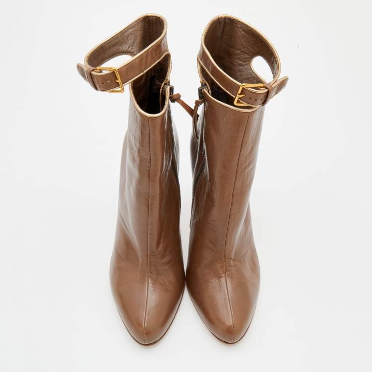 Pre Owned Miu Miu Brown Leather Buckle Detail Ankle Length Boots Size 38