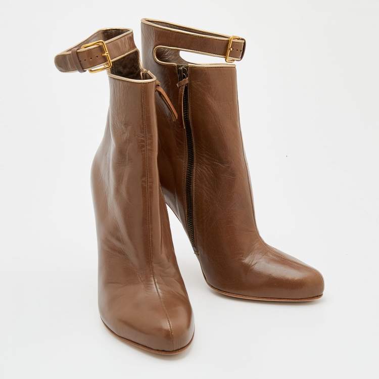 Pre Owned Miu Miu Brown Leather Buckle Detail Ankle Length Boots Size 38