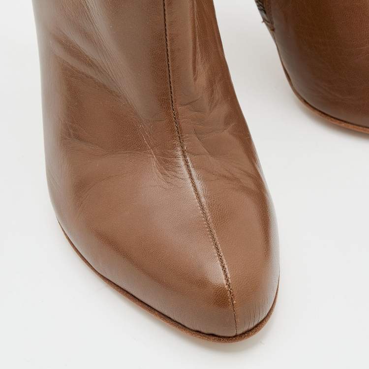 Pre Owned Miu Miu Brown Leather Buckle Detail Ankle Length Boots Size 38