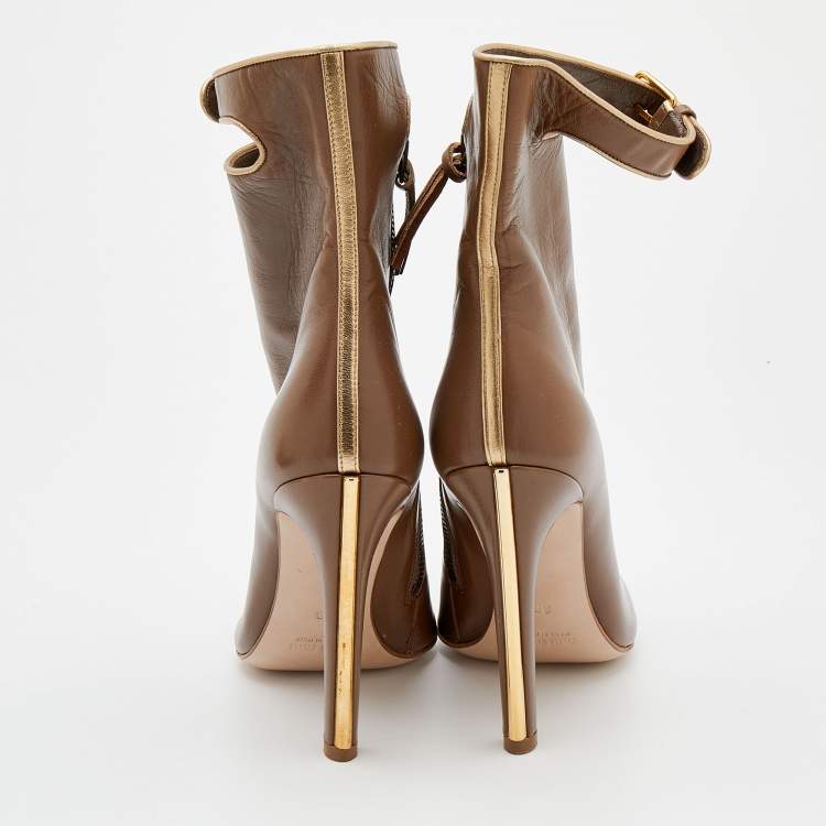 Pre Owned Miu Miu Brown Leather Buckle Detail Ankle Length Boots Size 38