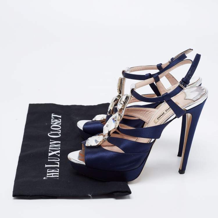 Pre Owned Miu Miu Navy Blue Satin Crystal Embellished T-Bar Ankle Strap Platform Sandals Size 37