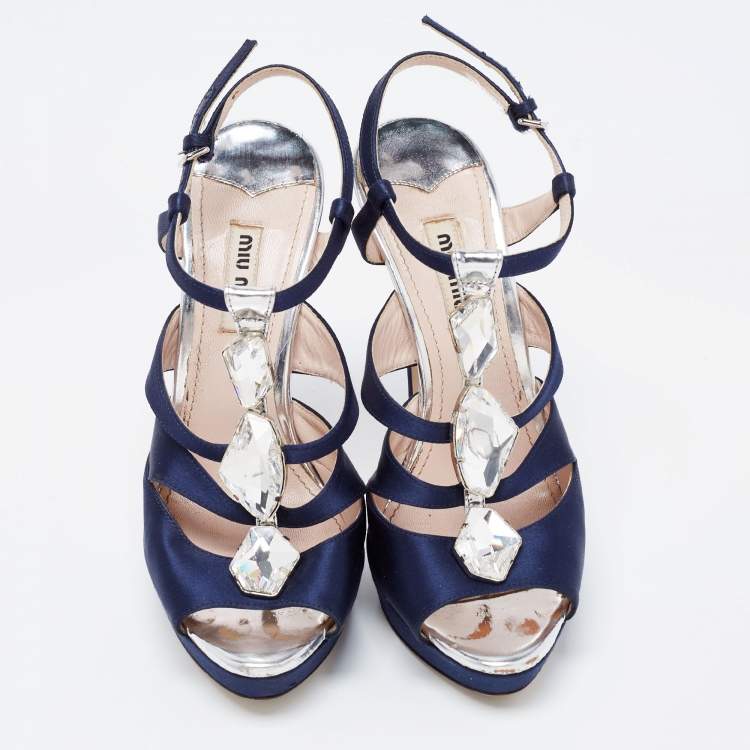 Pre Owned Miu Miu Navy Blue Satin Crystal Embellished T-Bar Ankle Strap Platform Sandals Size 37