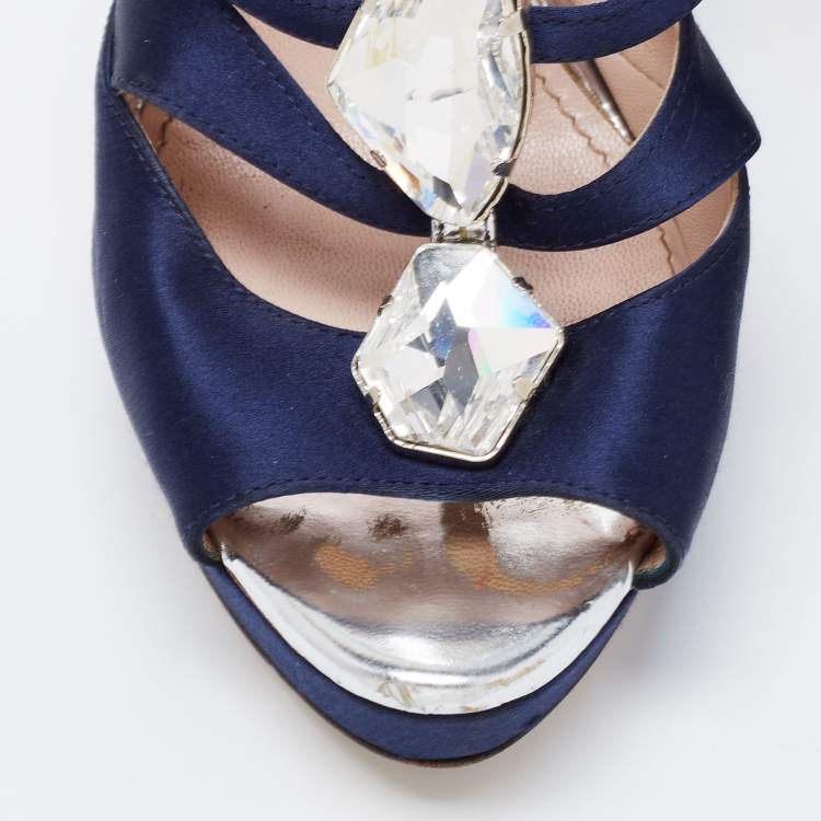 Pre Owned Miu Miu Navy Blue Satin Crystal Embellished T-Bar Ankle Strap Platform Sandals Size 37