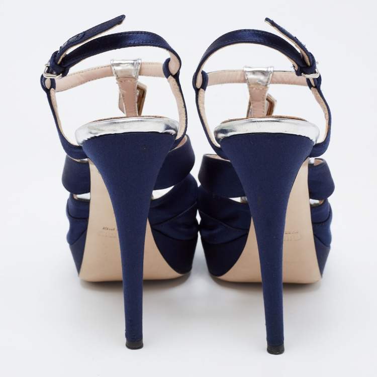 Pre Owned Miu Miu Navy Blue Satin Crystal Embellished T-Bar Ankle Strap Platform Sandals Size 37