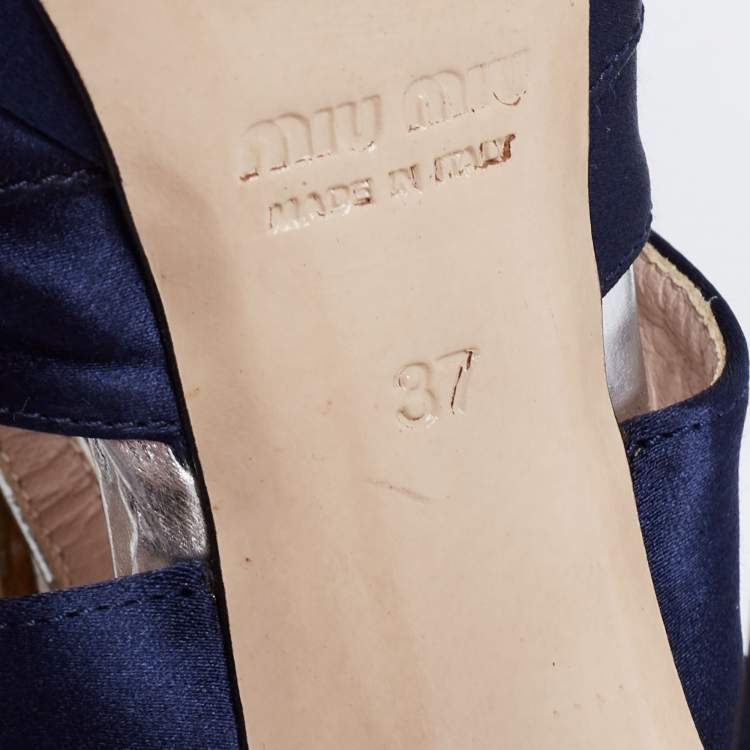 Pre Owned Miu Miu Navy Blue Satin Crystal Embellished T-Bar Ankle Strap Platform Sandals Size 37