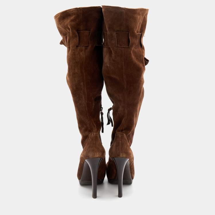 Pre Owned Miu Miu Brown Suede Knee Length Boots Size 40