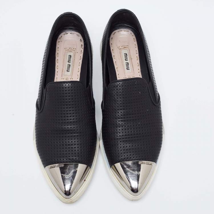 Pre Owned Miu Miu Black Perforated Leather Metal Cap Toe  Sneakers Size 38