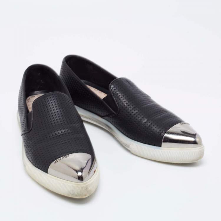 Pre Owned Miu Miu Black Perforated Leather Metal Cap Toe  Sneakers Size 38