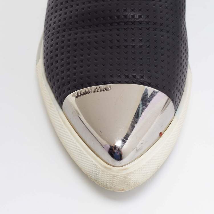 Pre Owned Miu Miu Black Perforated Leather Metal Cap Toe  Sneakers Size 38