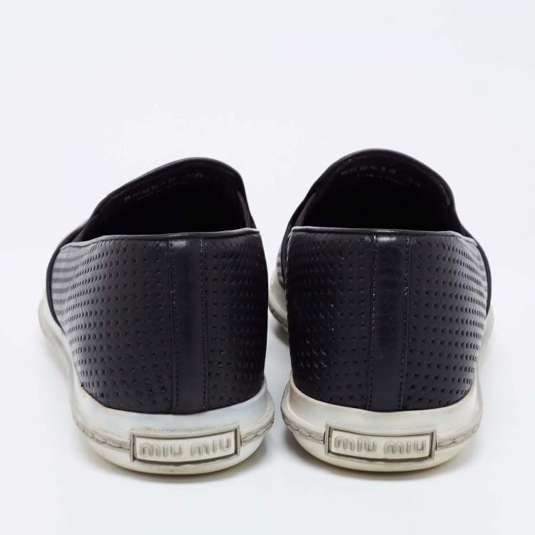 Pre Owned Miu Miu Black Perforated Leather Metal Cap Toe  Sneakers Size 38