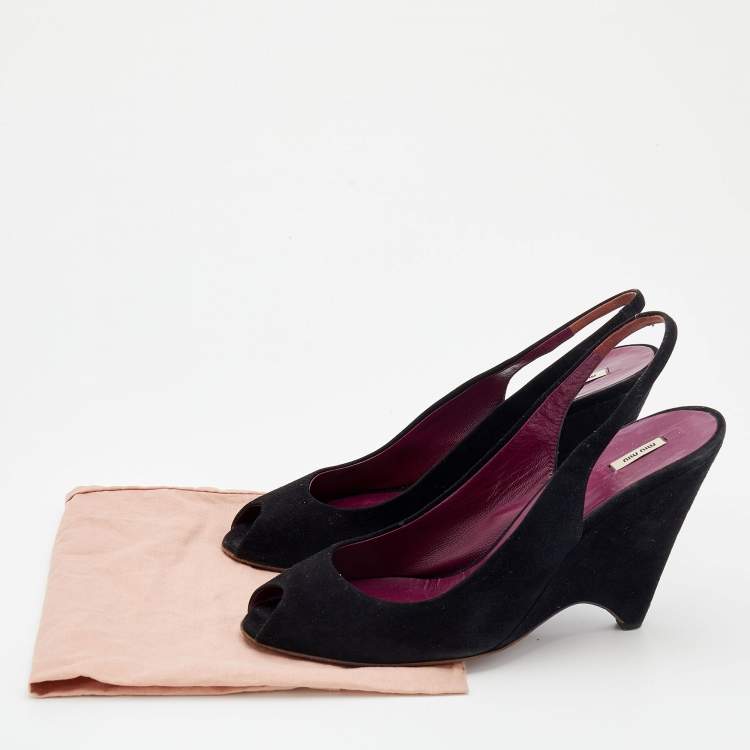 Pre Owned Miu Miu Black Suede Wedge Peep Toe Slingback Sandals Size 40.5