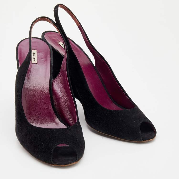 Pre Owned Miu Miu Black Suede Wedge Peep Toe Slingback Sandals Size 40.5