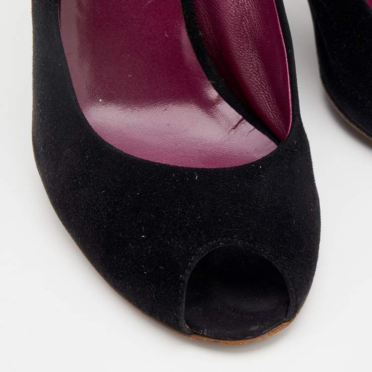 Pre Owned Miu Miu Black Suede Wedge Peep Toe Slingback Sandals Size 40.5