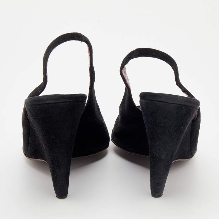 Pre Owned Miu Miu Black Suede Wedge Peep Toe Slingback Sandals Size 40.5