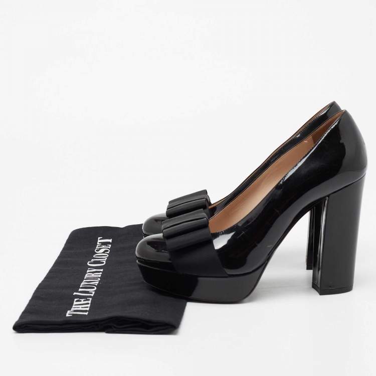 Pre Owned Miu Miu Black Patent Leather Bow Platform Pumps Size 36.5