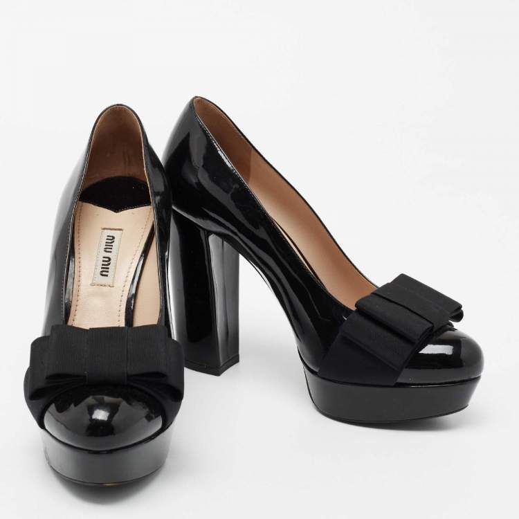 Pre Owned Miu Miu Black Patent Leather Bow Platform Pumps Size 36.5