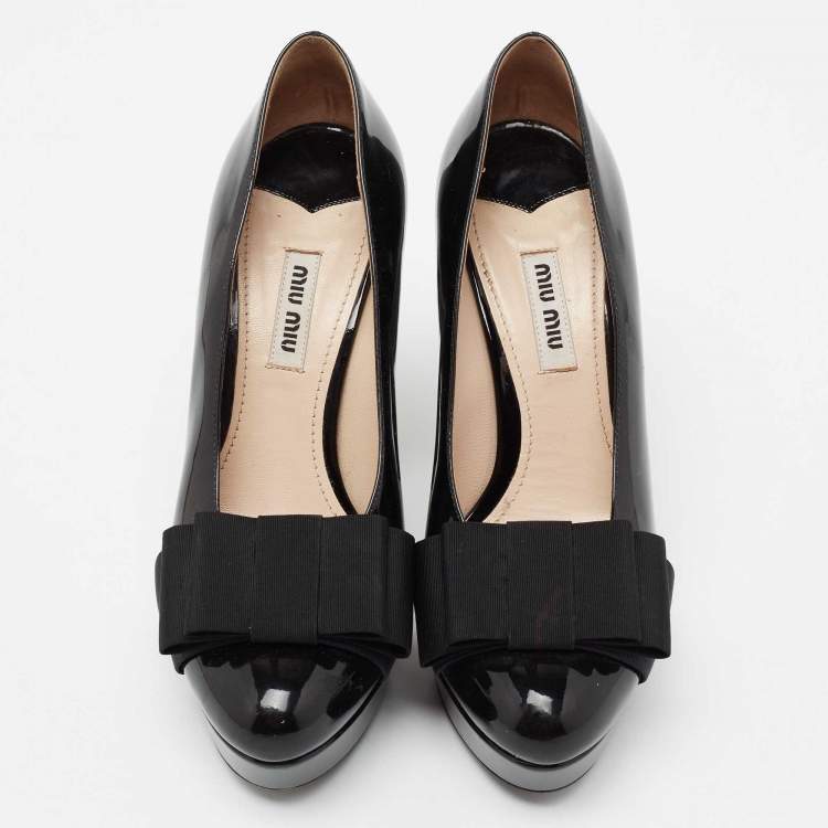 Pre Owned Miu Miu Black Patent Leather Bow Platform Pumps Size 36.5