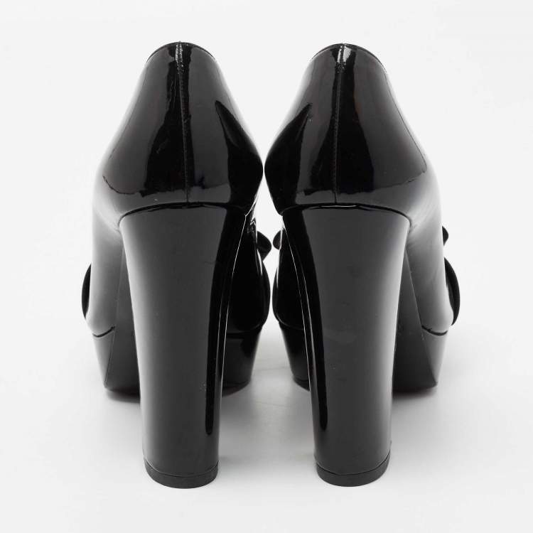 Pre Owned Miu Miu Black Patent Leather Bow Platform Pumps Size 36.5