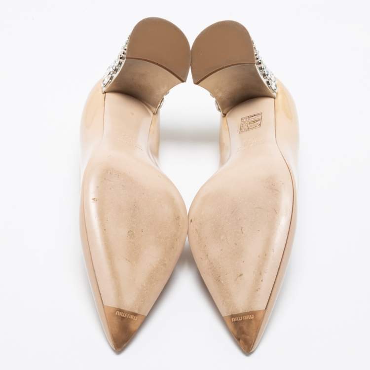 Pre Owned Miu Miu Beige Patent Leather Crystals Heel Pumps Size 37.5
