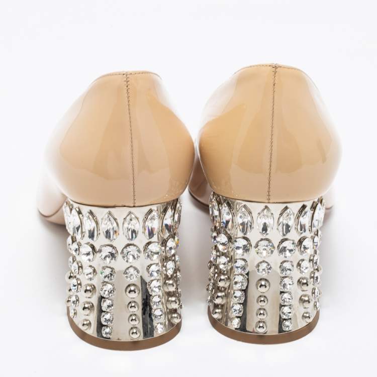 Pre Owned Miu Miu Beige Patent Leather Crystals Heel Pumps Size 37.5
