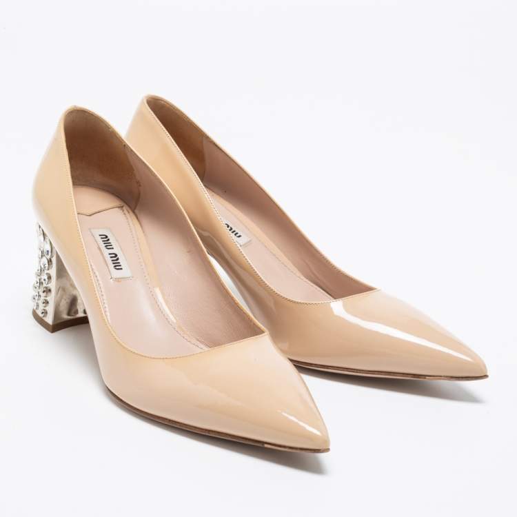 Pre Owned Miu Miu Beige Patent Leather Crystals Heel Pumps Size 37.5