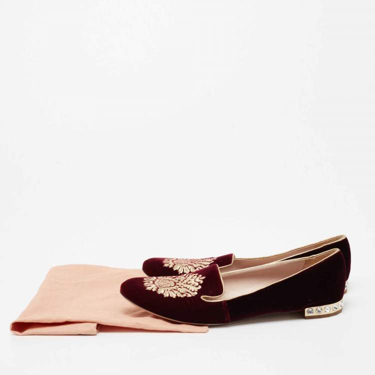 Pre Owned Miu Miu Burgundy Crest Embroidered Velvet Smoking Slippers Size 40