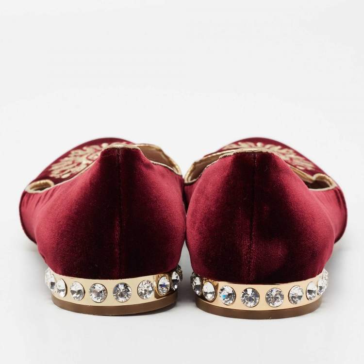Pre Owned Miu Miu Burgundy Crest Embroidered Velvet Smoking Slippers Size 40