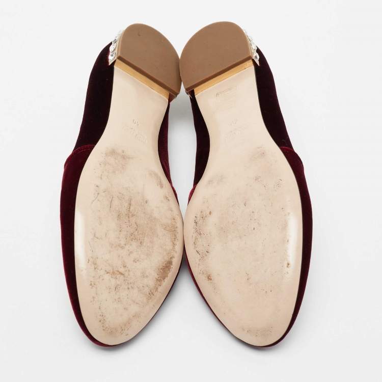 Pre Owned Miu Miu Burgundy Crest Embroidered Velvet Smoking Slippers Size 40