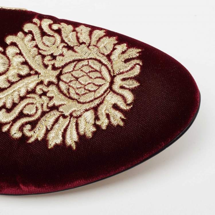 Pre Owned Miu Miu Burgundy Crest Embroidered Velvet Smoking Slippers Size 40