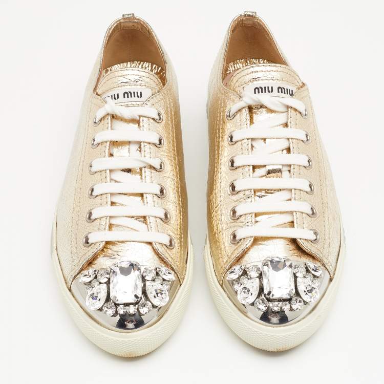 Pre Owned Miu Miu Metallic Gold Leather Crystal Embellished Metal Cap Toe Low Top Sneakers Size 37
