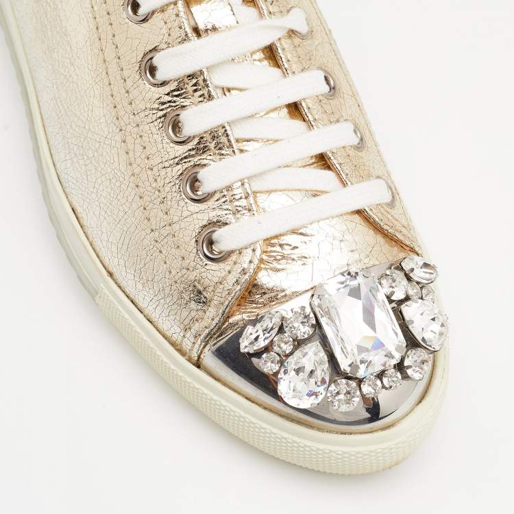 Pre Owned Miu Miu Metallic Gold Leather Crystal Embellished Metal Cap Toe Low Top Sneakers Size 37