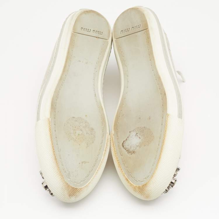 Pre Owned Miu Miu Metallic Gold Leather Crystal Embellished Metal Cap Toe Low Top Sneakers Size 37