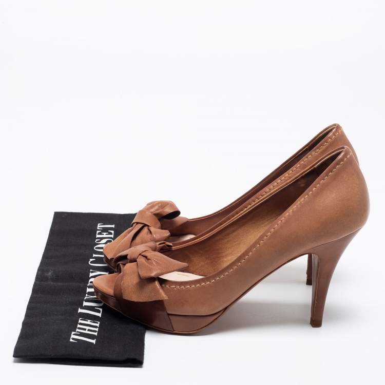Pre Owned Miu Miu Brown Leather Bow Peep-Toe Platform Pumps Size 36